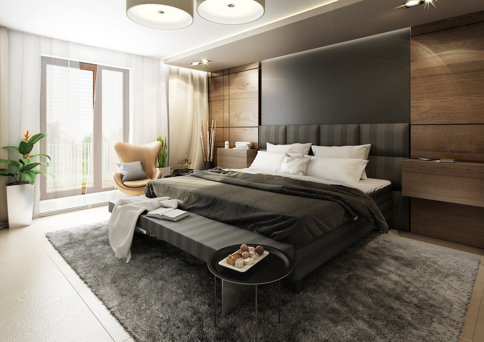 Loznice s posteli SAFFRON Beds v prirodnich materialech knihovnou a TV panelem Loznice s posteli SAFFRON Beds v prirodnich materialech knihovnou a TV panelem